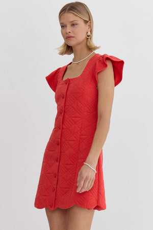 Quilted Stitched Scalloped Dress - Red -Texifornia