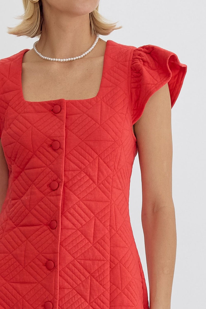 Quilted Stitched Scalloped Dress - Red -Texifornia