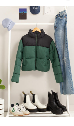 Hunter Green Colorblock Puffer Jacket