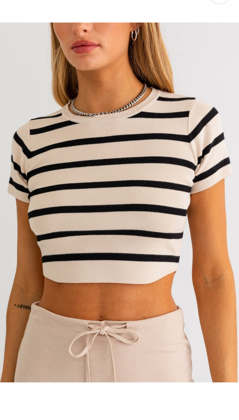 Cream Striped Ribbed Sweater Top