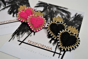 QUEEN OF HEARTS BEADED STUDS- BRIGHT PINK