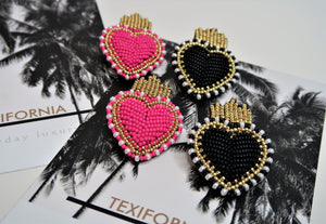 QUEEN OF HEARTS BEADED STUDS- BRIGHT PINK