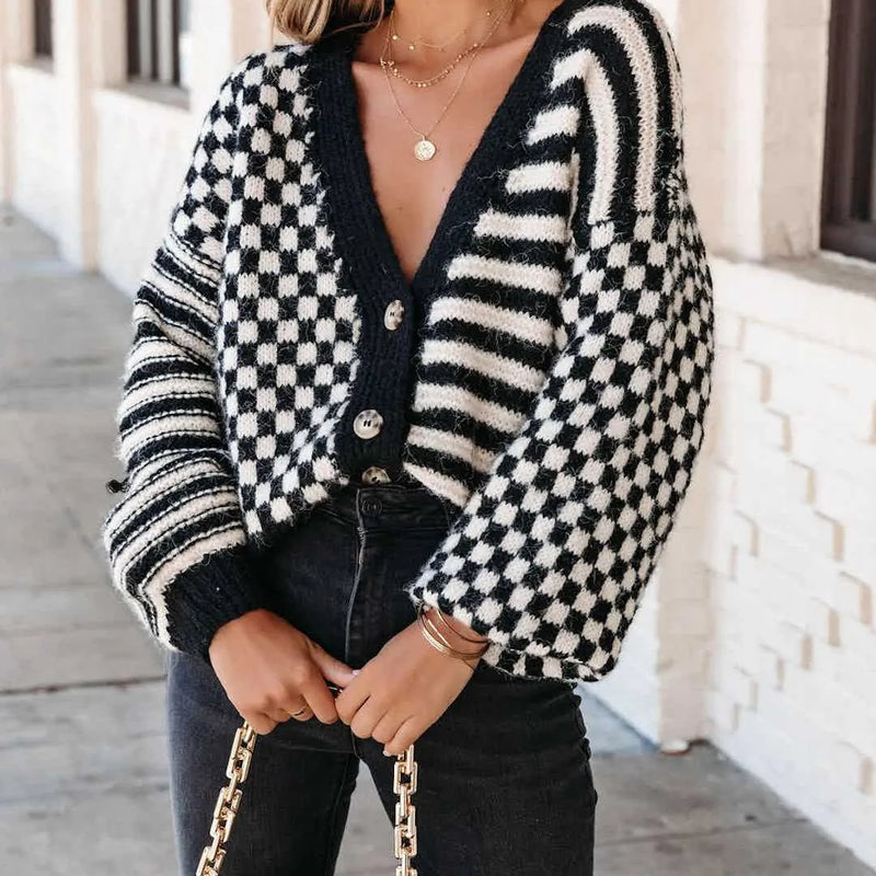 CHECKED OUT BUTTON FRONT SWEATER